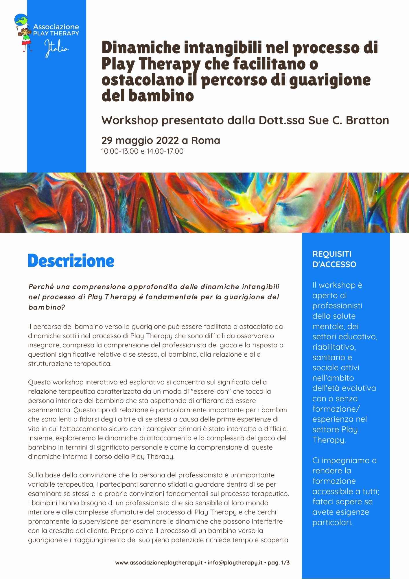 workshop di sue bratton sulla play therapy presentata a roma per l'apti