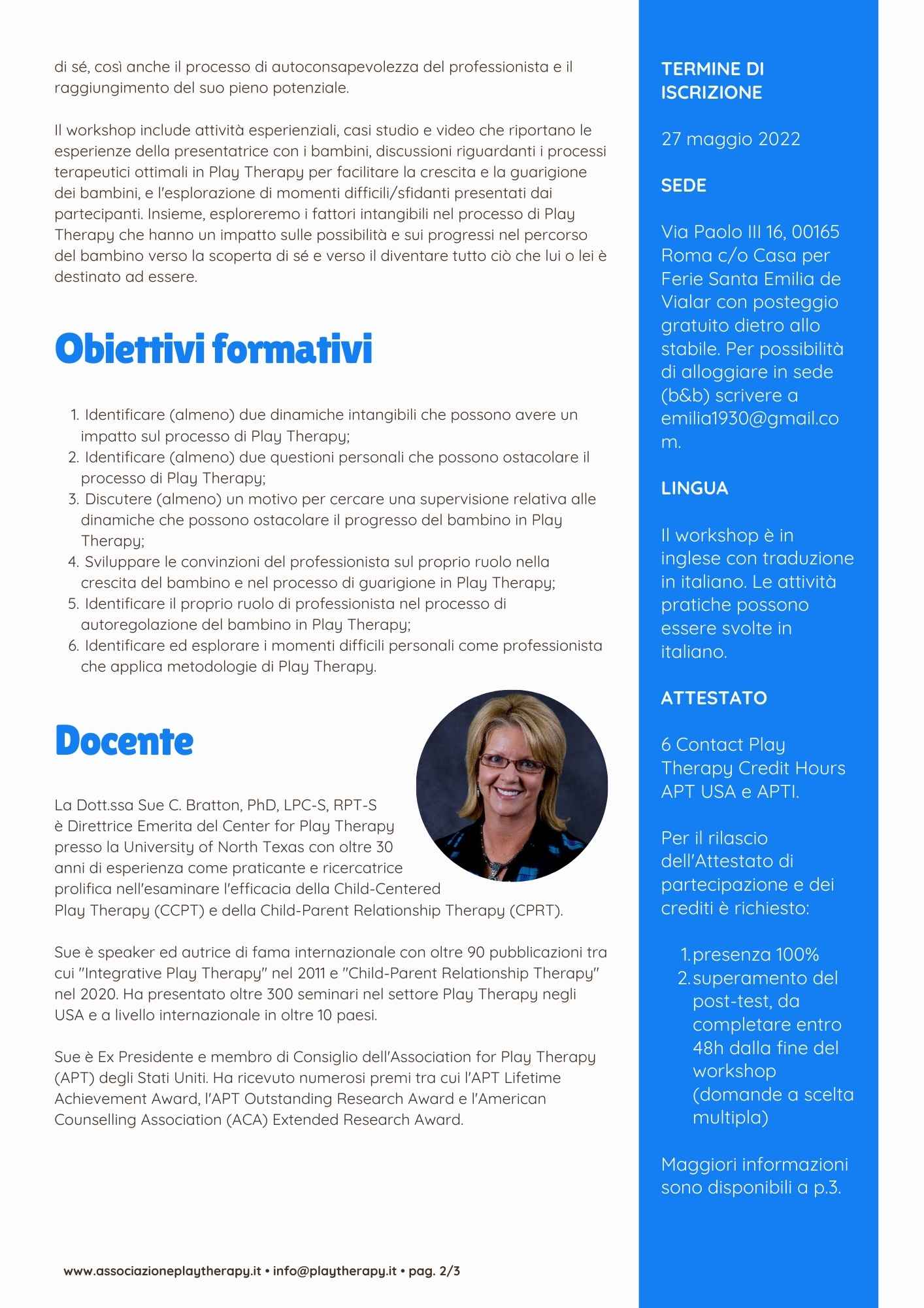 sue bratton presenta un workshop sulla play therapy a roma