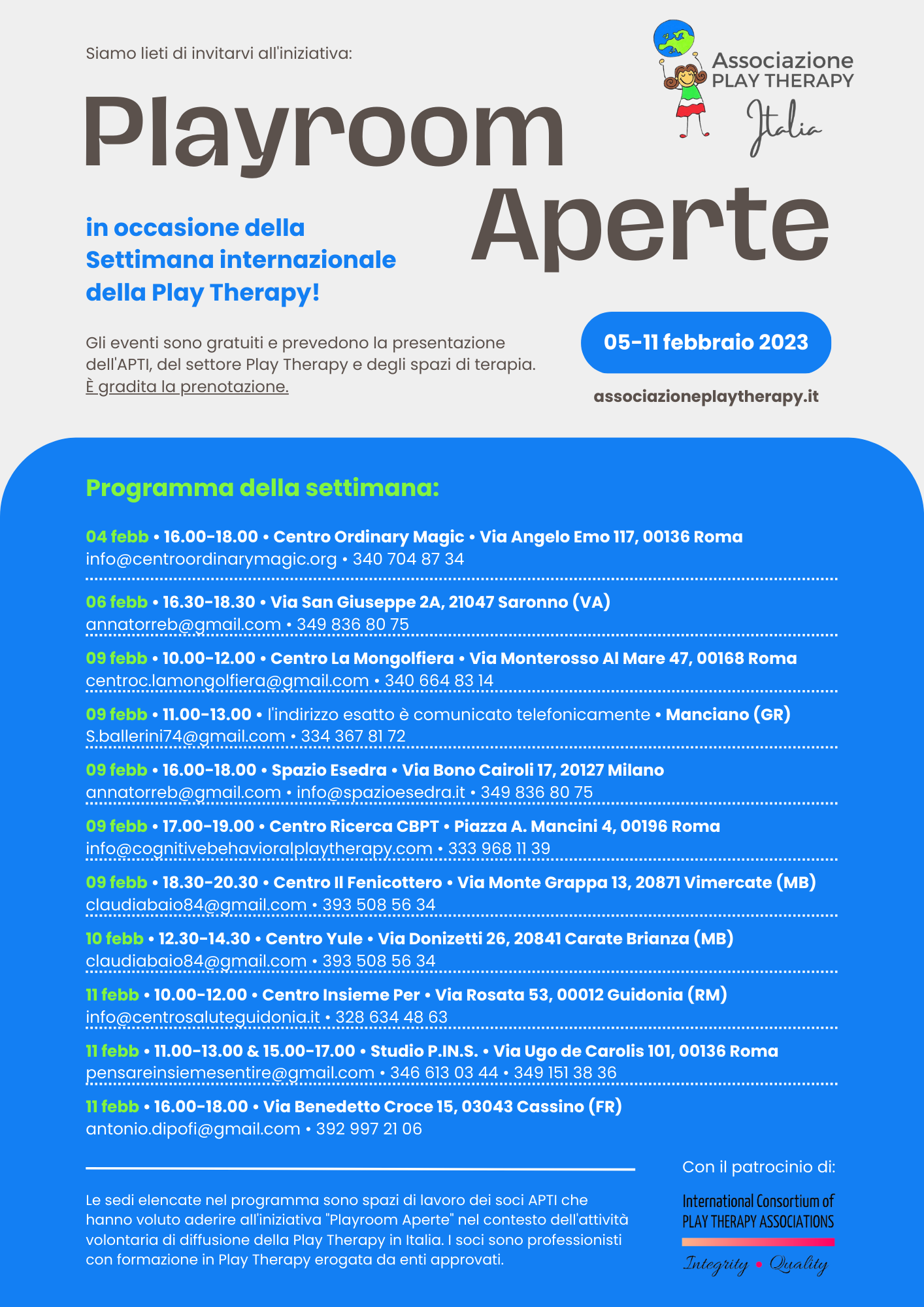 programma playroom aperte in italia per la international play therapy week